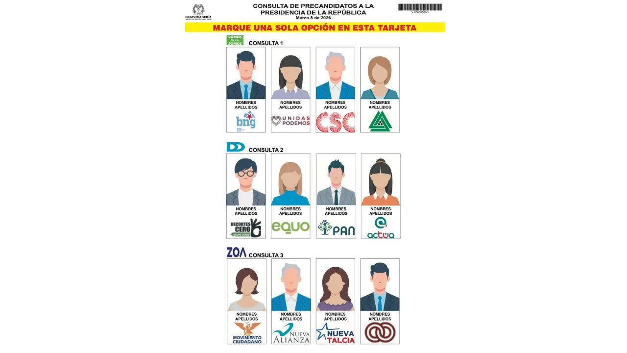 Diseño básico en el que aparecen las casillas que usarán los colombianos para votar en las consultas presidenciales de este 2026.